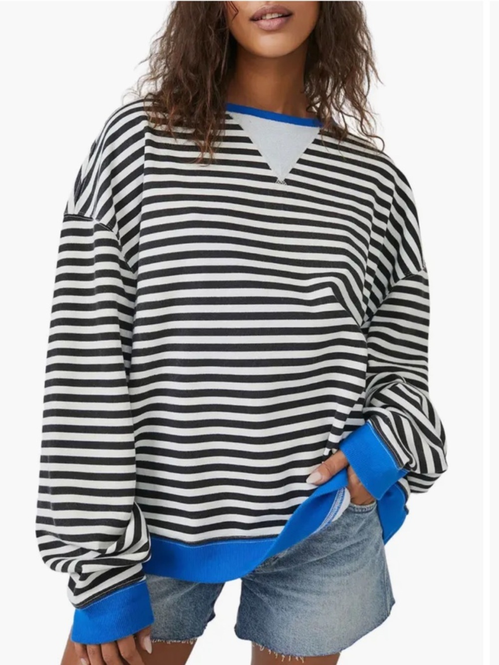 Free People Oversized Striped Black & White Sweatshirt with Blue Trim - Picture 1 of 10